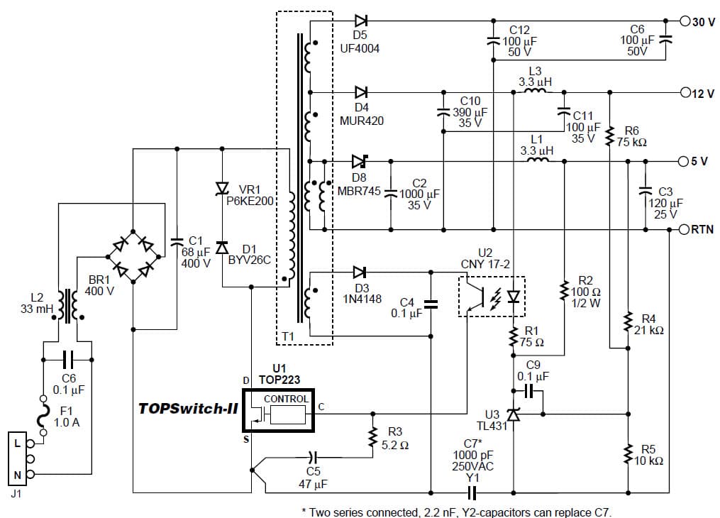 TOP223, Modified Schematic with Feedback from Both 5 V & 12 V Outputs