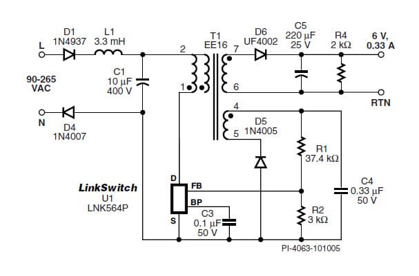 LNK564P, Basic Circuit Schematic Using LinkSwitch-LP in a Clampless Design