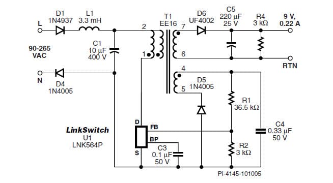 LNK564P, 9V, 220 mA Design Using the Standard Transformer Design