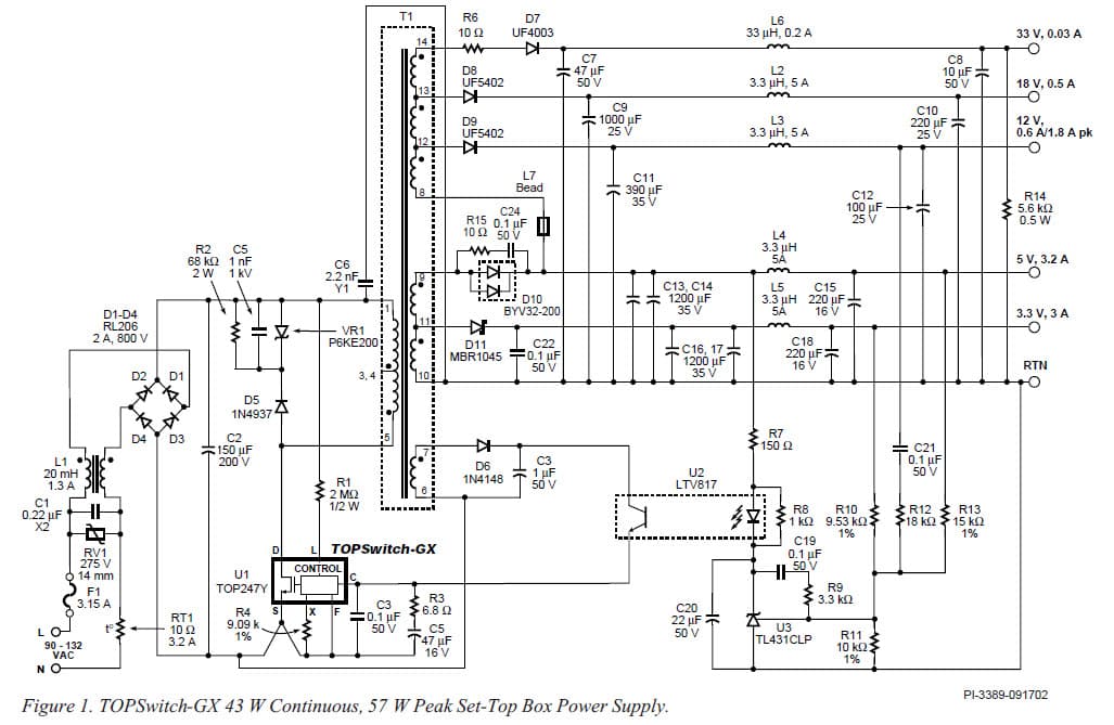 DI-41, TOP247Y, 43W, 100/115 VAC Multi-output Set-top Box Power Supply