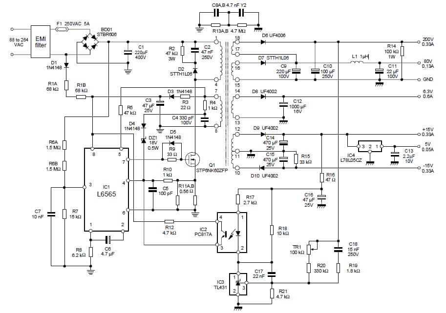 92W, -15V, 5V, 6.3V, 15V, 80V, 200V AC to DC Multi-Output Power Supply for CRT Monitor