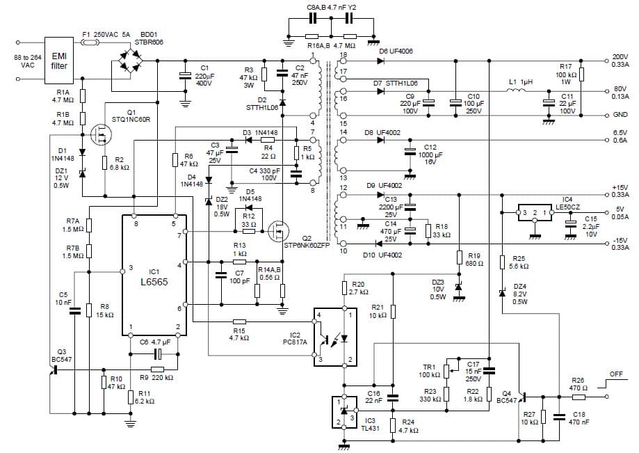 92W, -15V, 5V, 6.3V, 15V, 80V, 200V AC to DC Multi-Output Power Supply for CRT Monitor