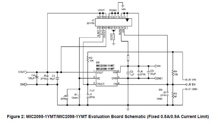 MIC2098-1YMT EV Evaluation Board for MIC2098, current-limiting, high-side power switch