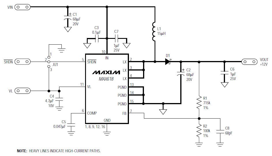 MAX618EVKIT, Evaluation Kit for MAX618 12V DC to DC Single Output Power Supply for Automotive