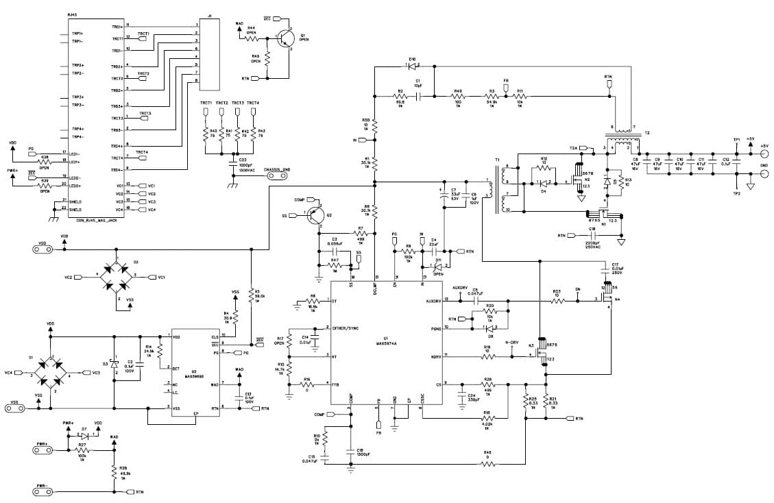 MAX5974AEVKIT, Evaluation Kit for MAX5974A 25W, 5V DC to DC Single Output Power Supply for IP Phone