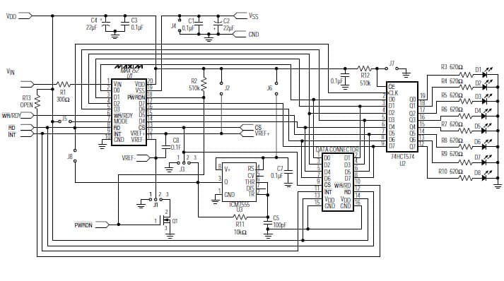 MAX153EVKIT-DIP, Evaluation Board for the MAX153CPP high-speed, single-channel, 8-Bit, 1 Msps Analog to Digital Converter