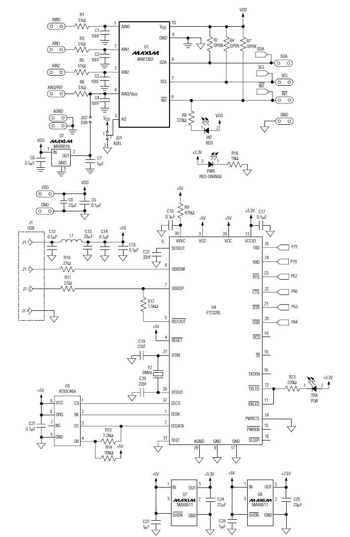 MAX1363EVKIT, MAX1363 evaluation kit of 12-Bit, 133 KSPS, 4CH ADC for Portable Medical Instrumentation