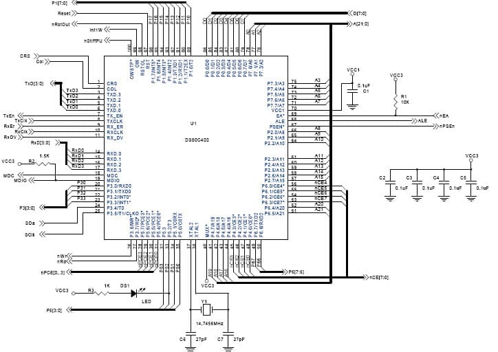 DSTINIm410 is a fully assembled and tested circuit board that evaluates DS80C410 network microcontroller