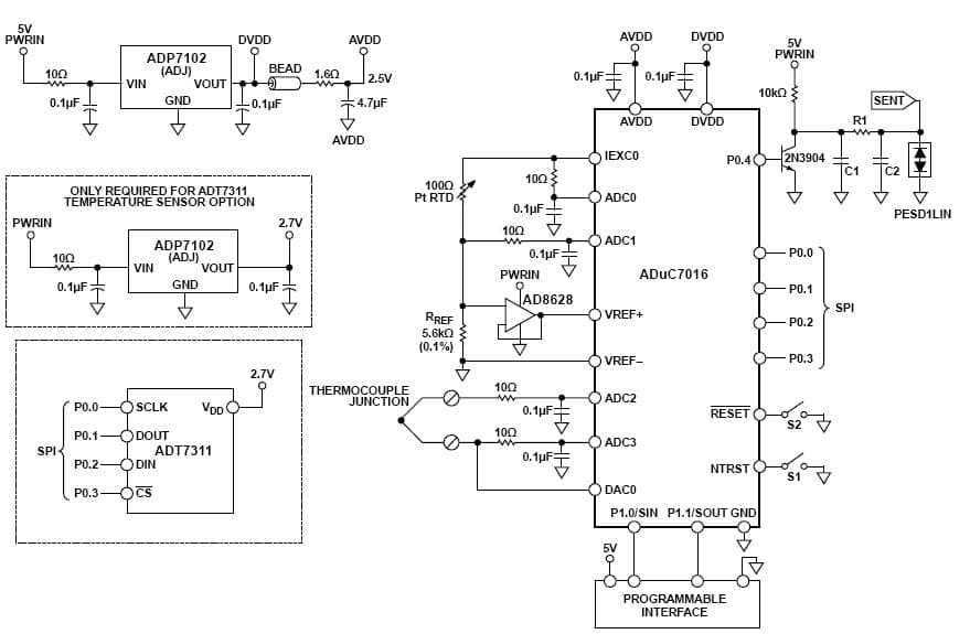 Automotive SENT Interface-Based Thermocouple Temperature Sensor with Cold Junction Compensation Using the ADuC7060/ADuC7061 Precision Analog Microcontroller