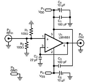 LMV851EVAL, Evaluation board for featuring LMV851, Coupling RF Signal to the IN+ Pin