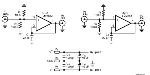 LMV852EVAL, Evaluation board for featuring LMV852, Coupling RF Signal to the IN+ Pin