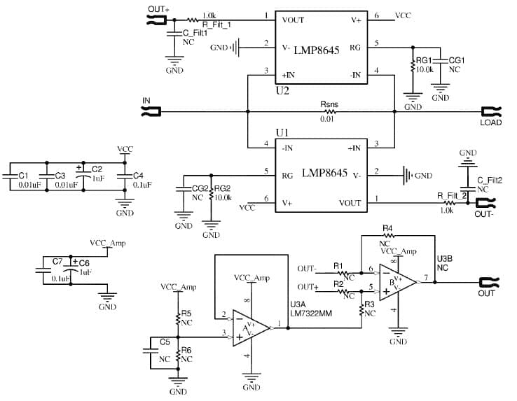 LMP8645MKEVAL, Evaluation Board shows a bidirectional high side current sense made using LMP8645