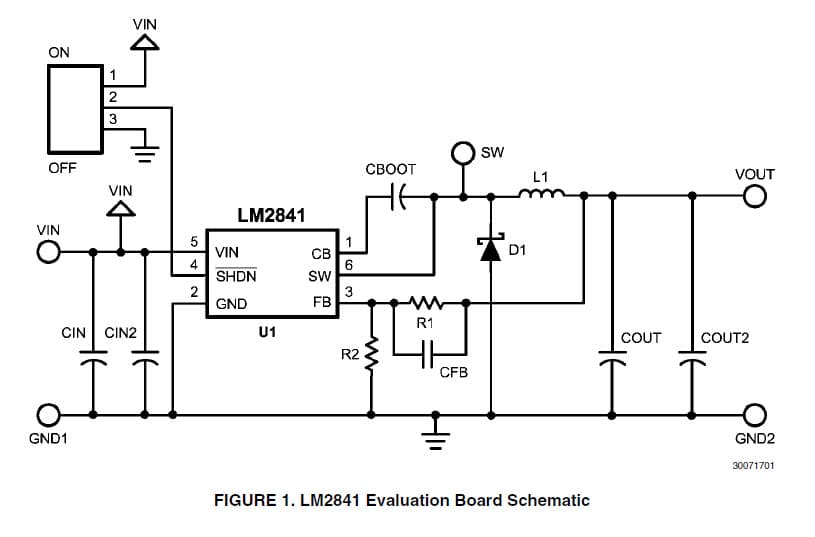 LM2841YMK-ADJEV/NOPB, Evaluation Board using LM2841, 3.3V DC to DC Single Output Power Supply for Automotive