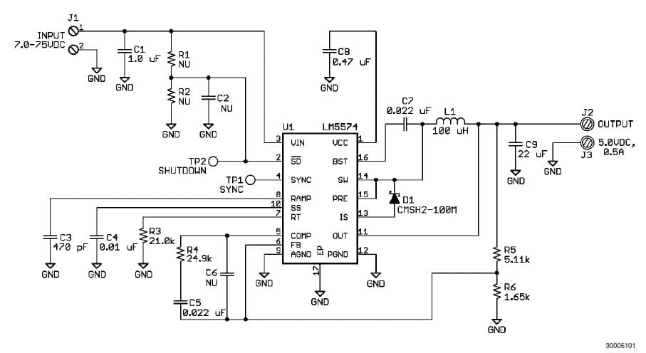 LM5574BLDT, Evaluation Module for the LM5574, 75V, 0.5A Step-Down Switching Regulator