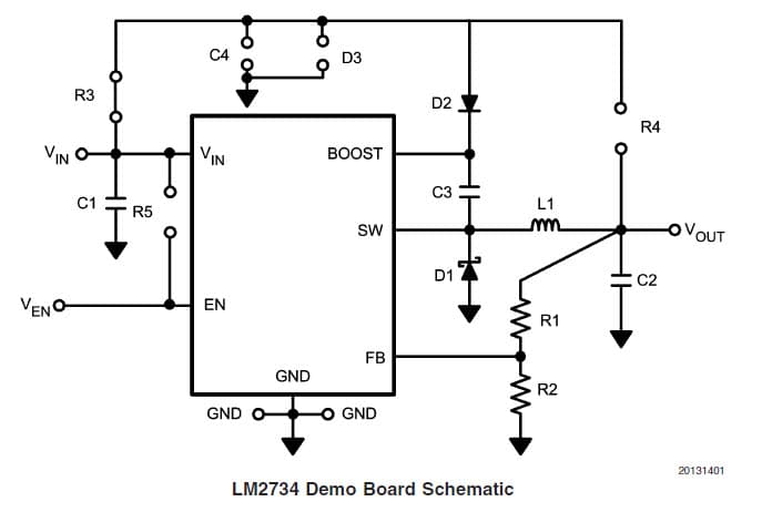 LM2734Y EVAL, Evaluation Board using LM2734Y converts 5V input to 1.8V output at 1A load current at 550-kHz step down DC-DC regulator