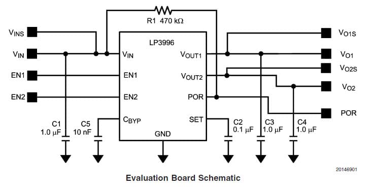 LP3996SD-2828EV, Evaluation Kit is designed to allow the evaluation of the LP3996 Dual, Low Drop-out Voltage Regulators with independent enable pins