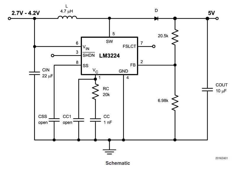 LM3224MM-ADJEV/NOPB, Evaluation Board using LM3224 step-up DC/DC converter, 5V DC to DC Single Output Power Supply for Portable