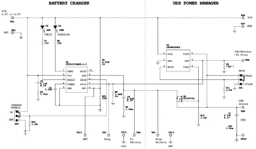 LTC4053EMSE-4.2 LTC4410ES6 Demo Board, USB Compliant Battery Charger, 4.25 to 6Vin, Jumper selectable, 100mA or 500mA