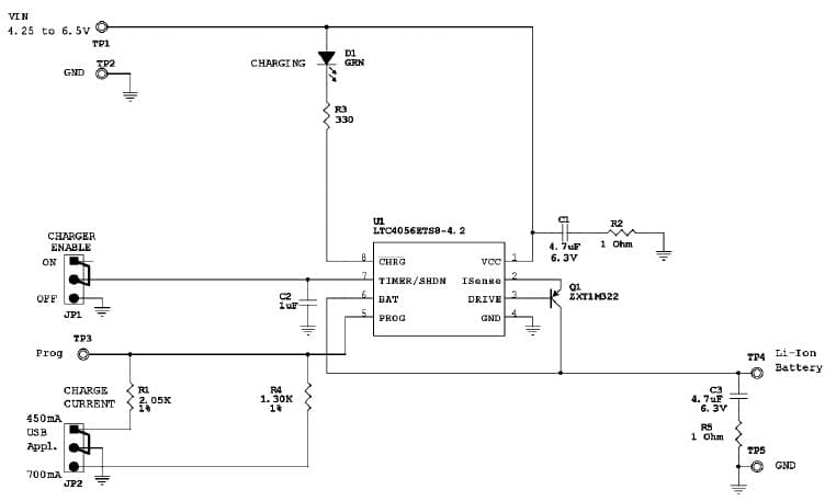 LTC4056ETS8-4.2 Demo Board, Li-Ion Charger with Termination, 4.25 to 6.5Vin, Jumper selectable, 450mA or 700mA