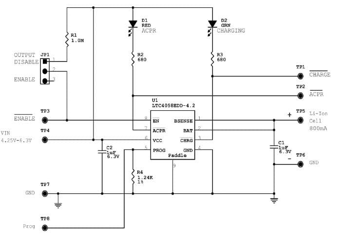 LTC4058EDD-4.2 Demo Board, Li-Ion Battery Charger, 4.25V to 6.3Vin, 800mA Output