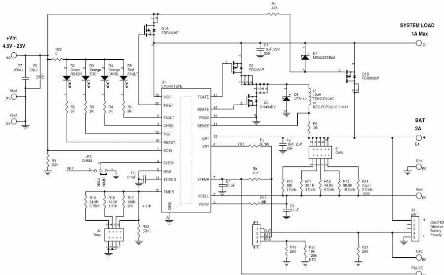 LTC4011EFE Demo Board, 500 kHz NiCd/NiMH 2A Battery Charger, System Load 1A Max, Vin = 4.5V - 25V