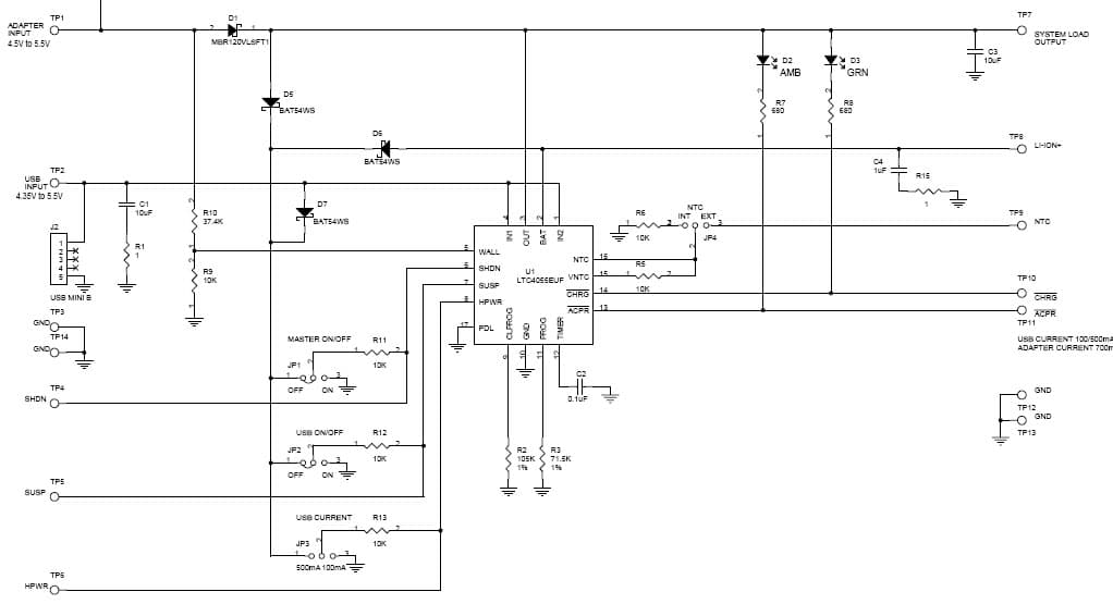 LTC4055EUF Demo Board, USB Power Controller and Li-Ion Charger, Adapter Input = 4.5V to 5.5V, USB Input = 4.35V to 5.5V