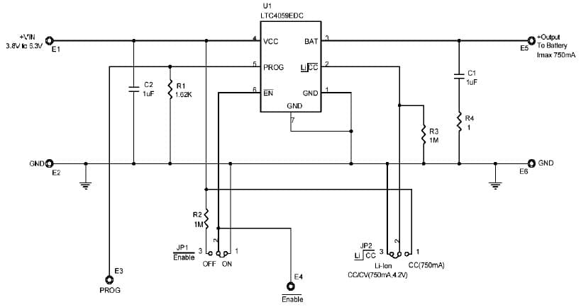 LTC4059EDC Demo Board, 750mA Linear Battery Charger, +Vin = 3.8V to 6.3V, Iout (Max) = 750mA