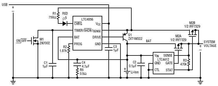 Complete USB PowerPath control and LTC4056 battery charger solution charge