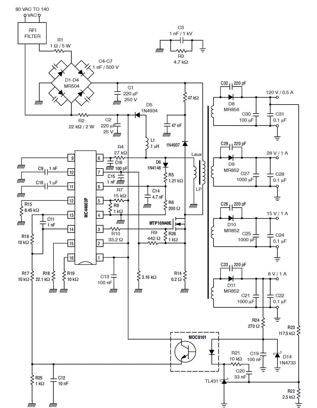 110W, 8V, 15V, 28V, 120V AC to DC Multi-Output Power Supply for Power Management