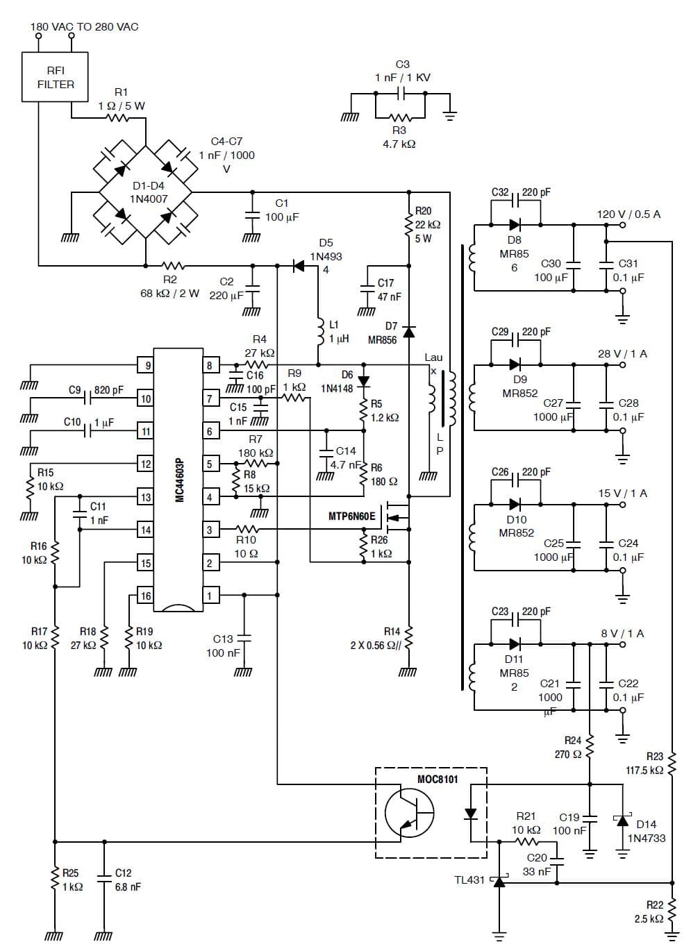 110W, 8V, 15V, 28V, 120V AC to DC Multi-Output Power Supply for Power Management