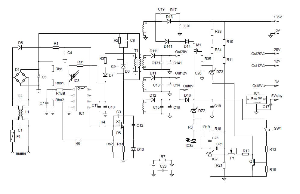 160W, 5V, 8V, 12V, 20V, 135V AC to DC Multi-Output Power Supply for Digital TV