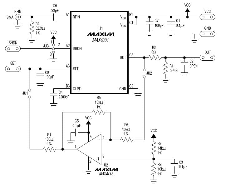 MAX4001EVKIT, Evaluation Kit for MAX4001 2.7 to 5.5V Analog Amplification for Wireless