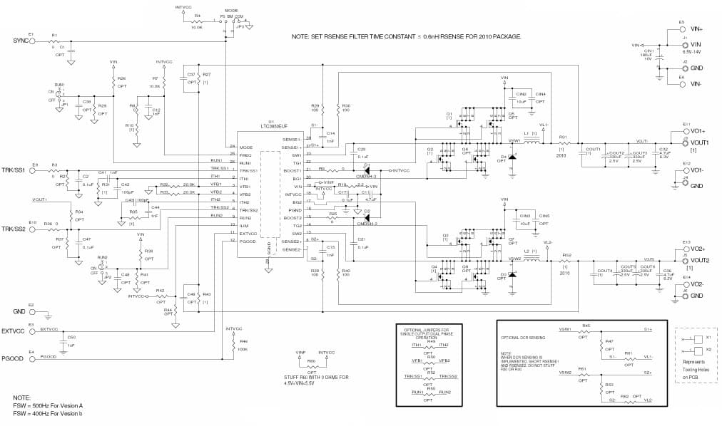 DC1185B-B, Demo Board Using LTC3850EUF 4.5V = VIN = 14V, VOUT1: 1.5V @ 15A, VOUT2: 1.2V @ 15A Synchronous Buck Converter