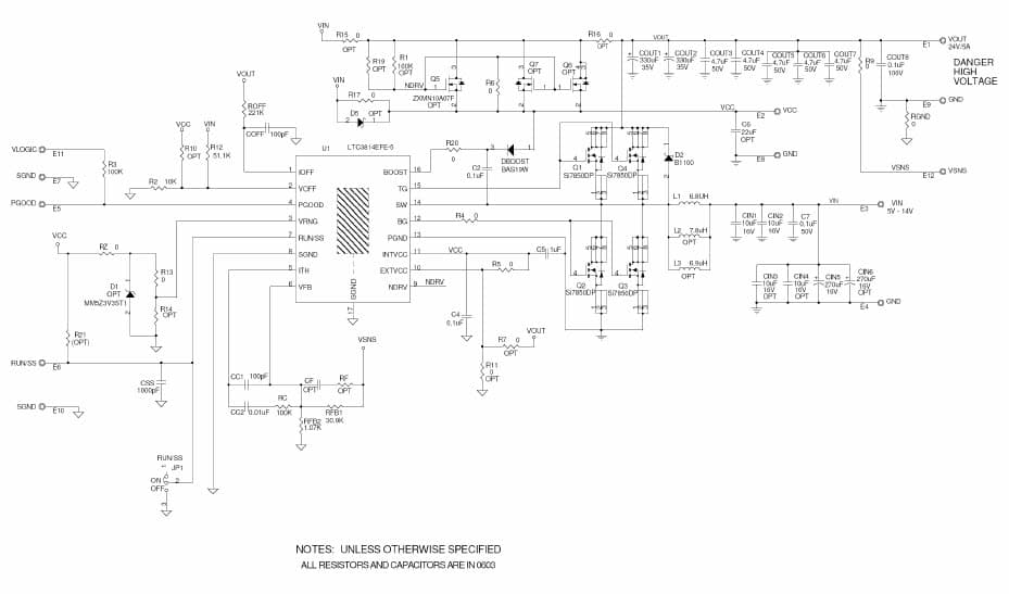 LTC3814EFE-5 Demo Board, 5V < Vin < 14V, Vout = 24V @ 5A