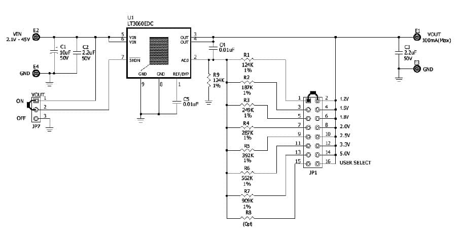 LT3060EDC Demo Board, 45V Vin, 100mA, Low Noise, Low Dropout, Micro-power Linear Regulator