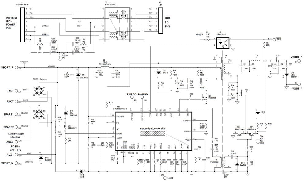 LTC4269-1 Demo Board, PoE Powered Device w/48V Isolated Auxiliary, Vout = 5V, Iout = 5A