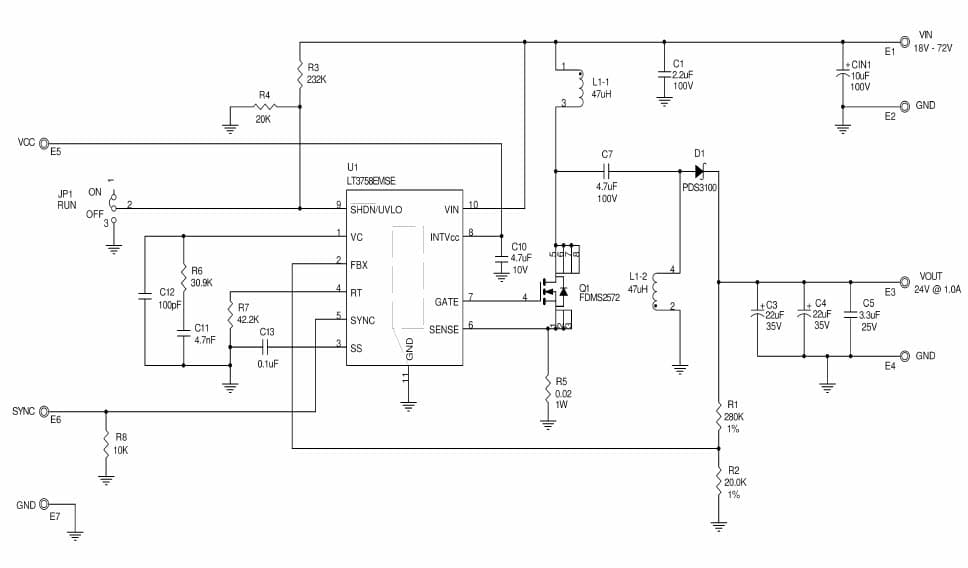 LT3758EMSE Demo Board, SEPIC, Vin: 18V to 72V, Vout: 24V/1A, (3x3 QFN)