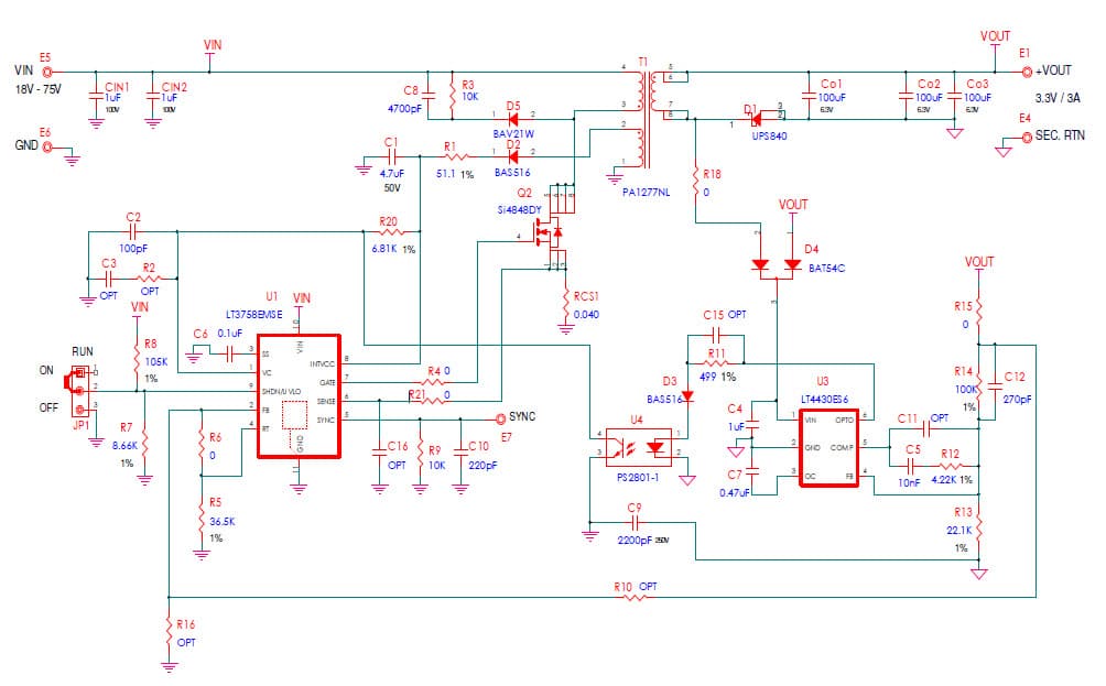 LT3758MSE Demo Board, Flyback, Vin: 18V to 75V, Vout: 3.3V/3A, (3x3 QFN)