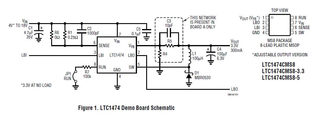 DC143A-A, Demo Board Using LTC1474CMS8 3.3V @ 300mA High Efficiency Step-Down DC/DC Converter