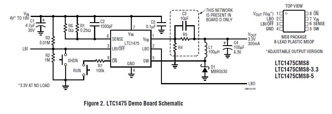 DC143A-E, Demo Board Using LTC1475CMS8-3.3, 3.3V @ 300mA High Efficiency Step-Down DC/DC Converter