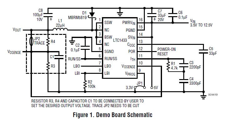 LTC1433 Demo Board, Low Noise Current Mode Step-down DC/DC Converter