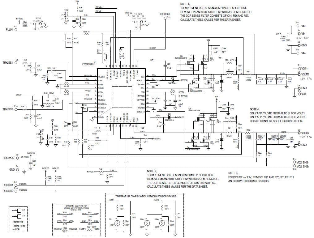 LTC3855EUJ Demo Board, Dual Output, VIN = 4.5V to 14V, VOUT1 = 1.8V @ 17A, VOUT2 = 1.2V @ 17A