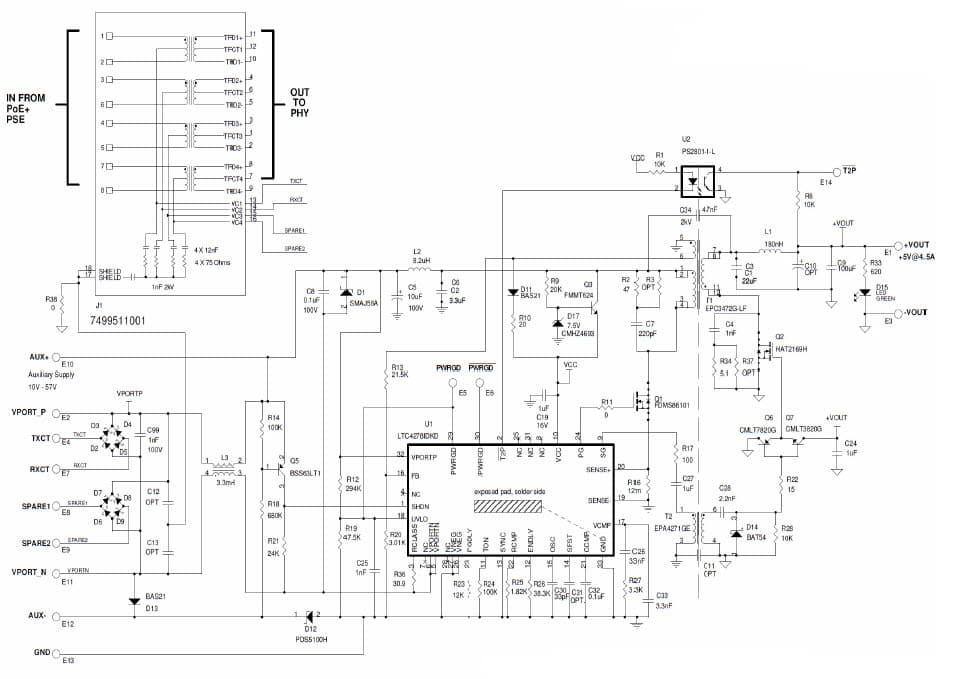 LTC4278 Demo Board, IEEE802.3at PD Controller with 12V Aux, Vout = 5V, Iout = 4.5A