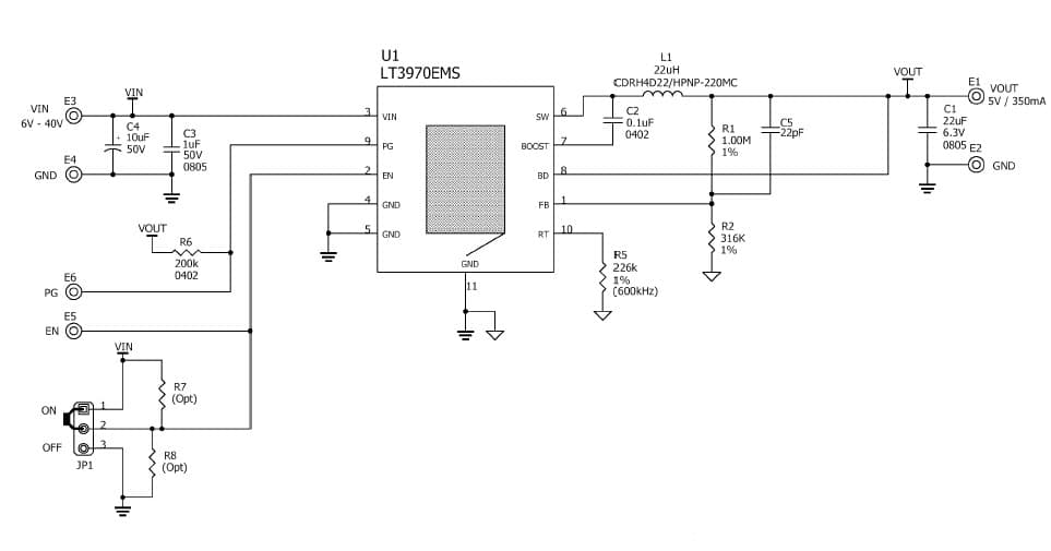 LT3970EMS Demo Board, 40V, 350mA Step-Down Regulator with 2uA Quiescent Current and Integrated Diodes