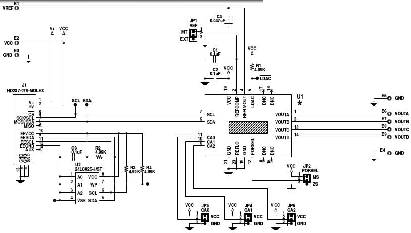 DC1703A-D, Demonstration Board for the LTC2655CUF-H12 Quad I2C 12-bit Voltage Output DAC with 2.048V Reference