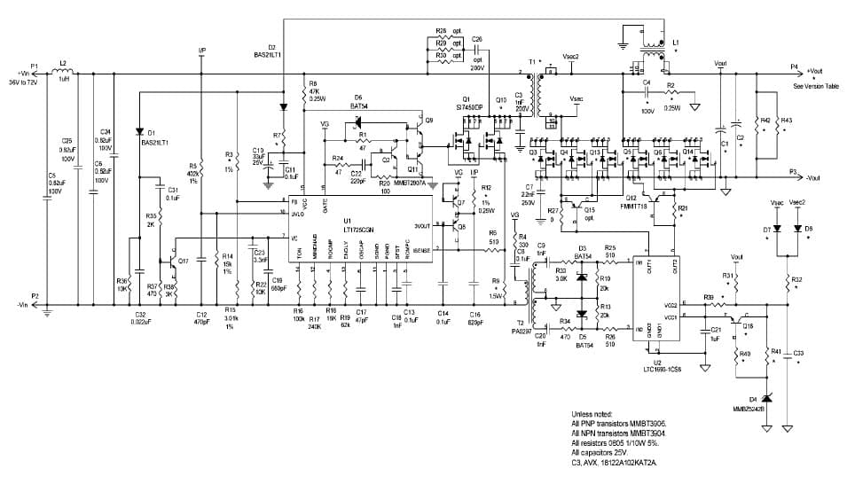 LT1725CGN Demo Board, Isolated forward Converter, Vin=36V to 72V, Vout=3.3V@30A