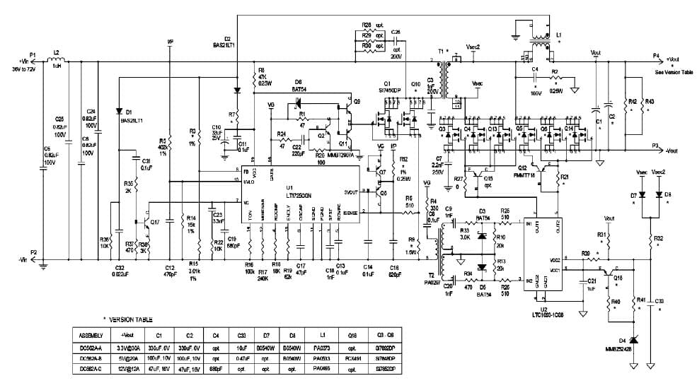 LT1725CGN Demo Board, Isolated forward Converter, Vin=36V to 72V, Vout=5V@20A