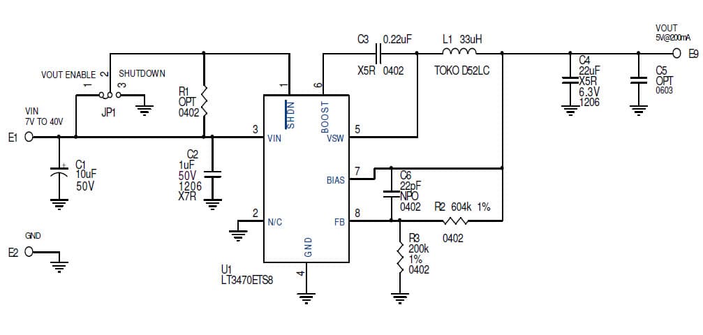 LT3470ETS8 Demo Board, 40V Micro-power SOT-23 Buck Regulator with Integrated Boost and Catch Diodes