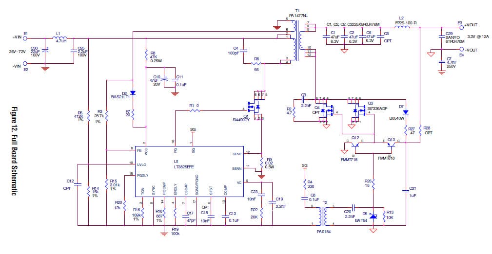 LT3825EFE Demo Board, Synchronous Flyback Converter, Vin=36V-72V, Vout=3.3V@12A