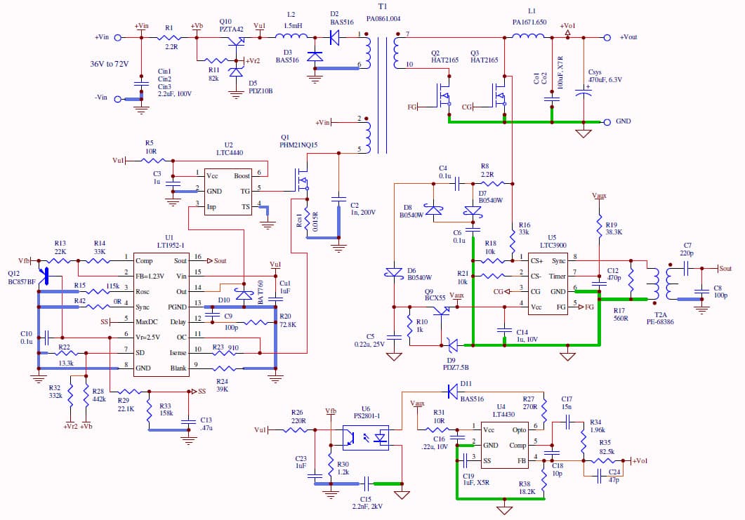 LT1952EGN-1, LTC3900CS8, LT4430ES6 Demo Board, Vin=34V-75V Vout=3.3V @ 30A